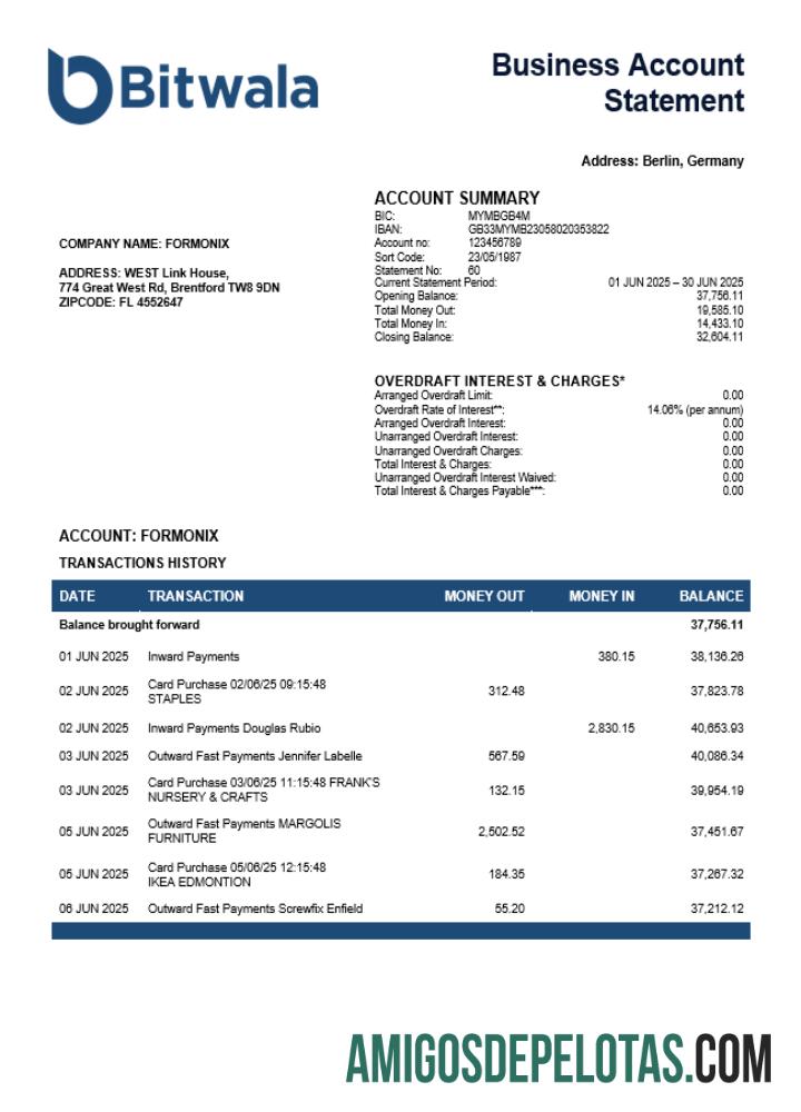 Imprimível Reino Unido Bitwala Firm Account Statement Word And PDF modelo